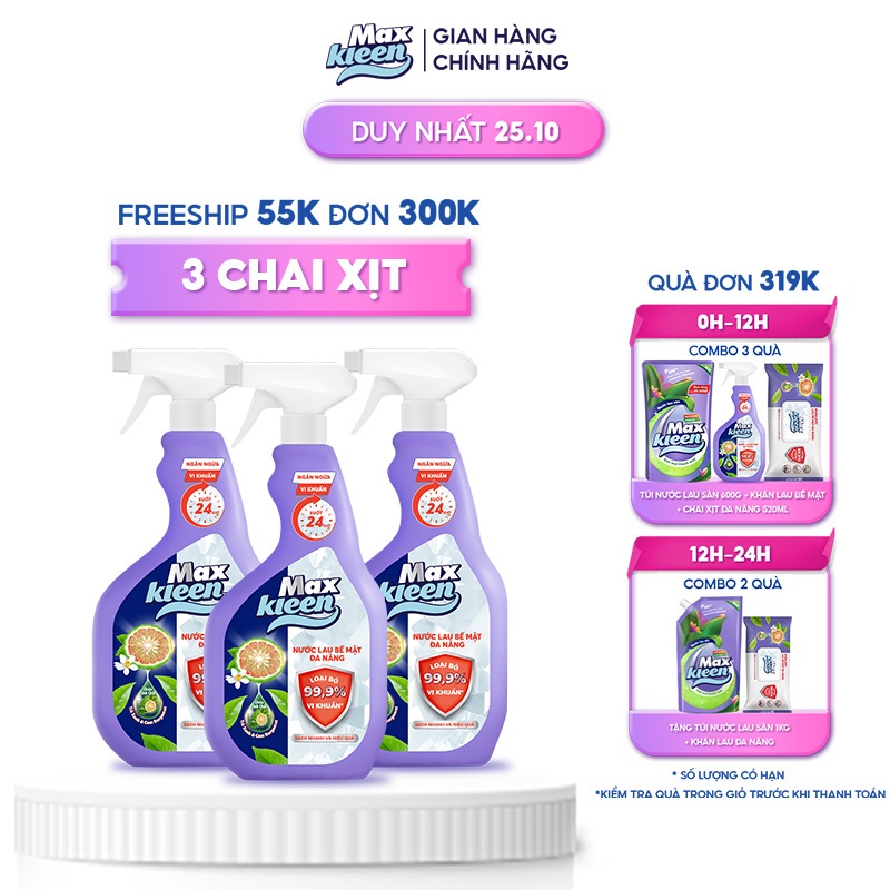 Combo 3 Chai Nước Lau Bề Mặt Đa Năng MaxKleen (520ml/chai)