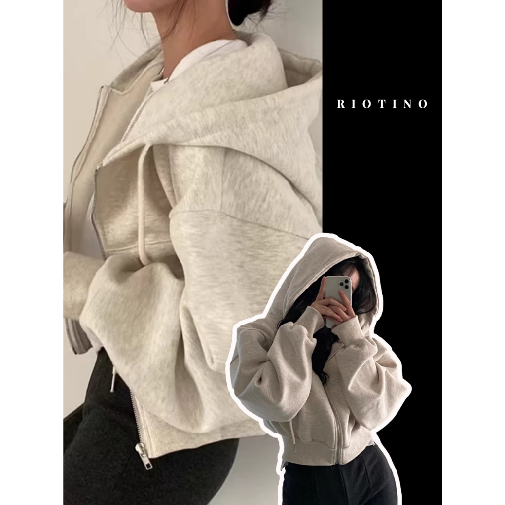 Áo khoác nỉ croptop dáng rộng siêu xinh phong cách Hàn Quốc, Áo khoác thu đông nữ hoodie zip tay bồng