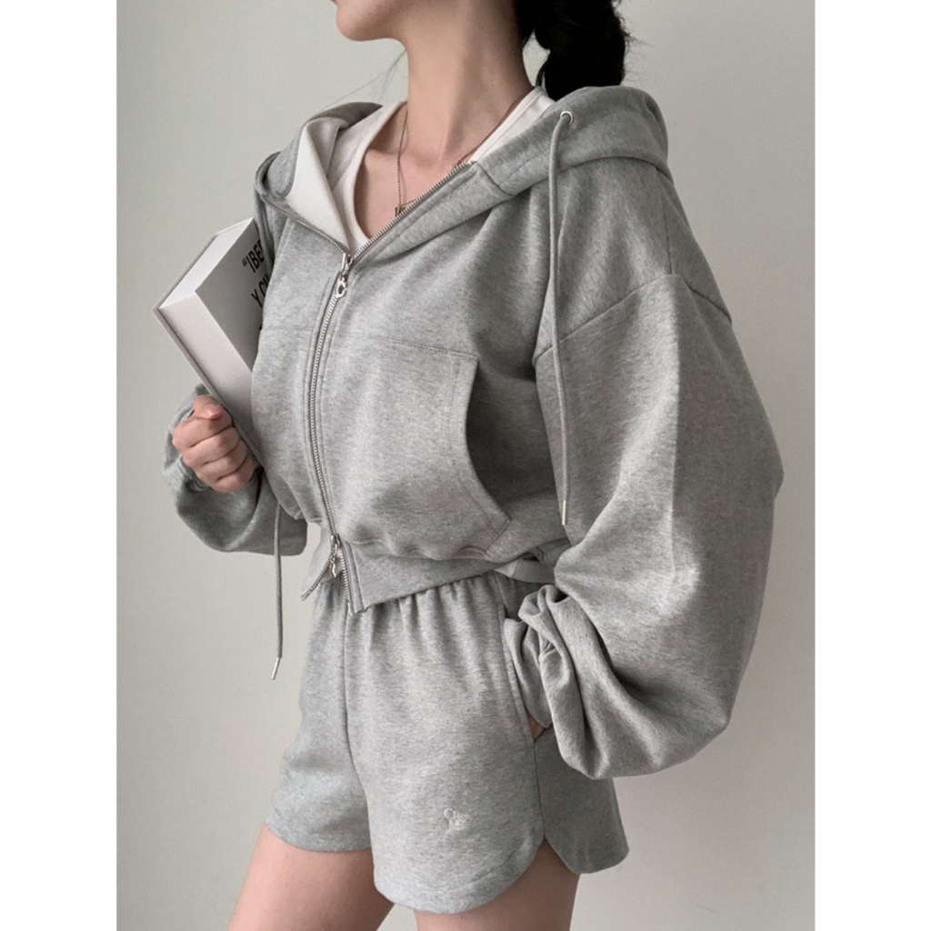 Áo khoác nỉ croptop dáng rộng siêu xinh phong cách Hàn Quốc, Áo khoác thu đông nữ hoodie zip tay bồng