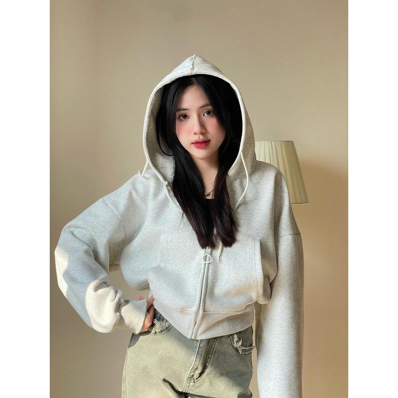 Áo khoác nỉ croptop Hàn dáng rộng, áo hoodie nữ siêu xinh