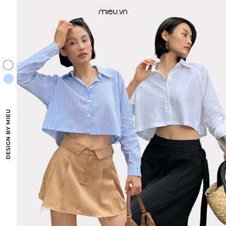 Áo sơ mi nữ dáng croptop form rộng cải tiến tay ráp lăng che khuyết điểm bắp tay MIEU - KJL09