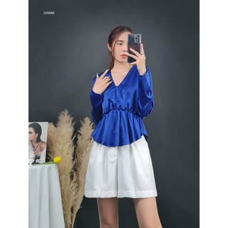 C0998 - 	Áo lụa cổ tim tay dài nhún vai thun eo trơn