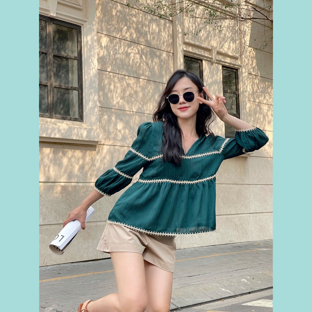 Áo Babydoll ODS cổ V, viền ren 3 tầng, lai tay, tay phồng dài - BG8