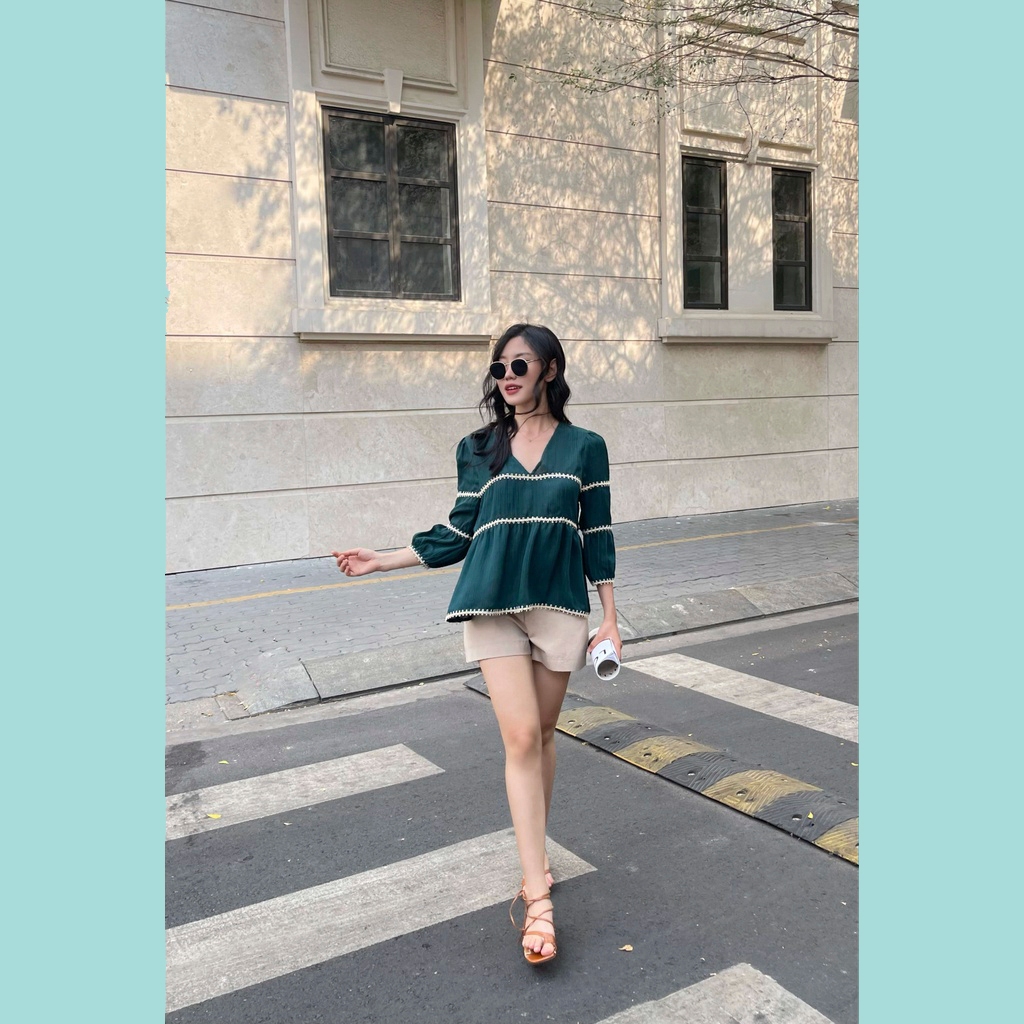 Áo Babydoll ODS cổ V, viền ren 3 tầng, lai tay, tay phồng dài - BG8