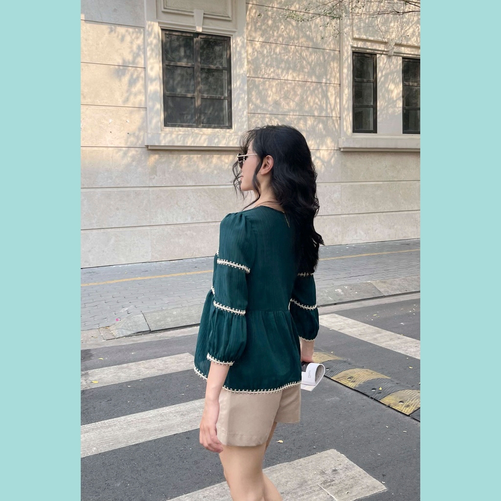 Áo Babydoll ODS cổ V, viền ren 3 tầng, lai tay, tay phồng dài - BG8