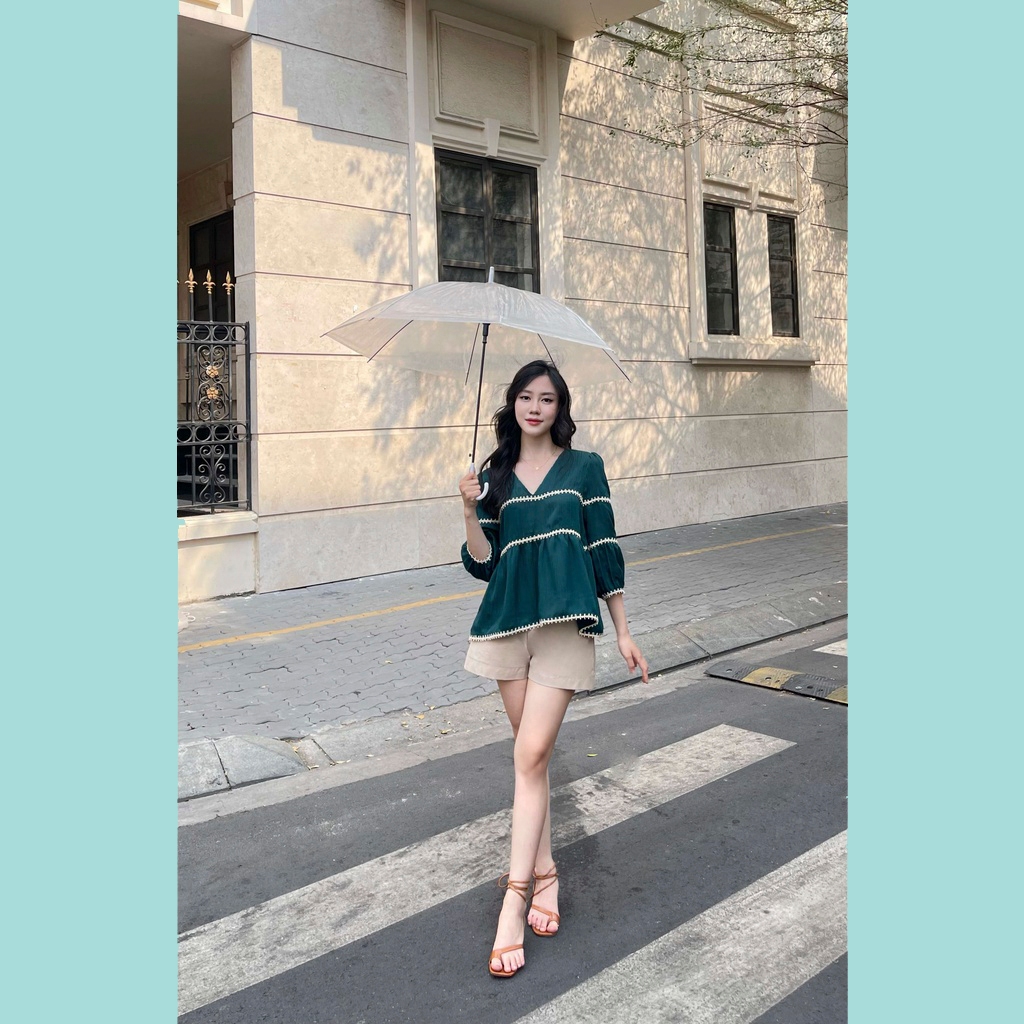 Áo Babydoll ODS cổ V, viền ren 3 tầng, lai tay, tay phồng dài - BG8