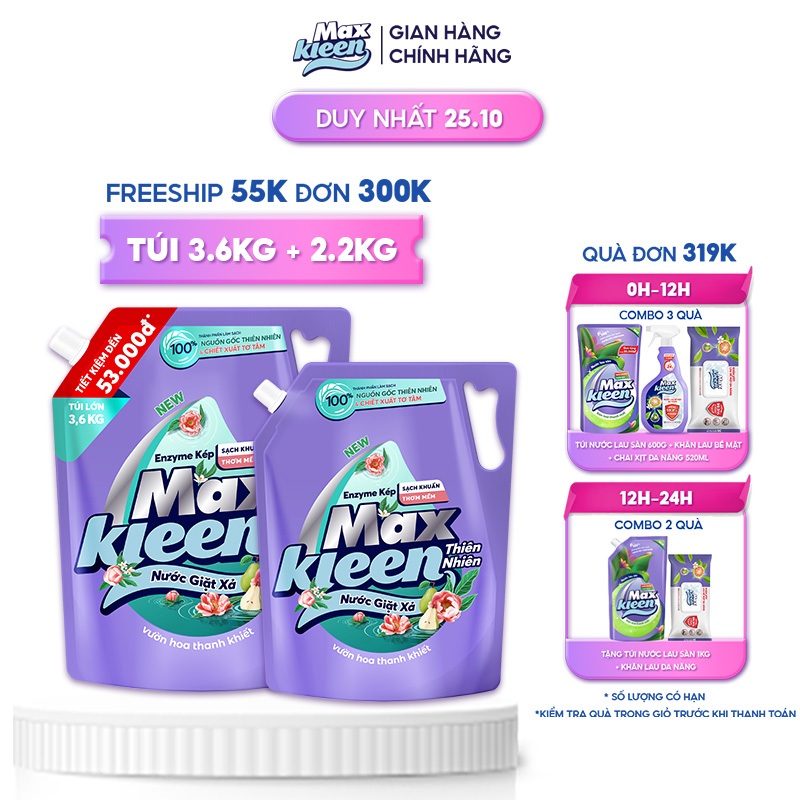 Combo 2 Túi Nước Giặt Xả MaxKleen Thiên nhiên 3.6kg + 2.2kg