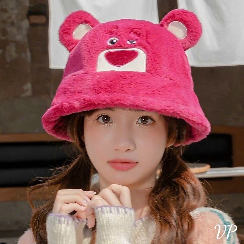 Mũ Bucket Gấu Dâu, Nón Tai Bèo KèmTai Đáng Yêu Chất Len Dày Giữ Ấm, Nhiều Màu Hot Tred Phong Cách Hàn Quốc