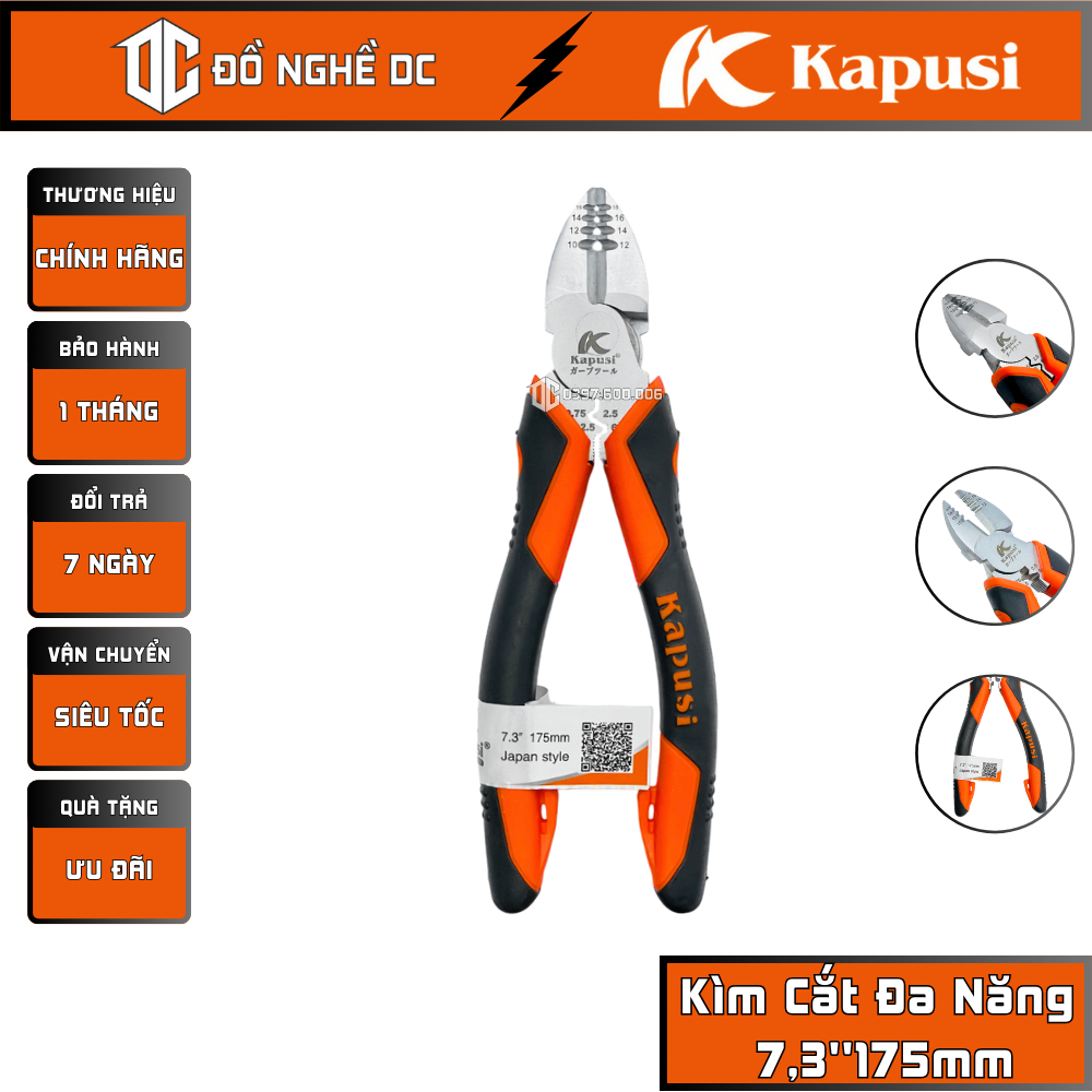 Kìm Cắt Đa Năng, Kềm Tuốt Dây Ép Cos 7,3''175mm K-8086 Kapusi Nhật Bản tiêu chuẩn Japan thép CR-V siêu cứng cắt bấm tuốt
