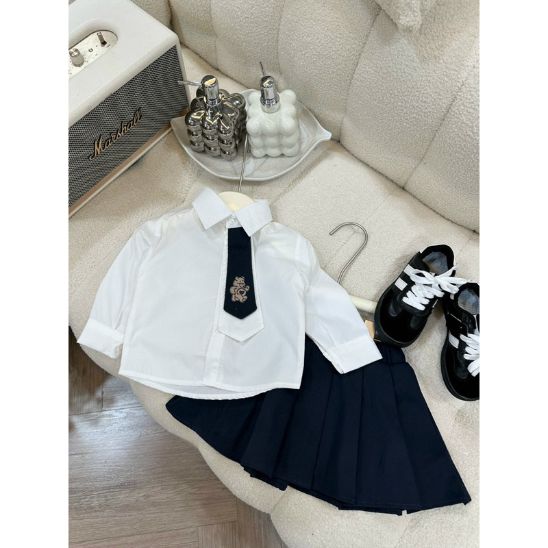 Đồng phục học sinh, set 4ct: áo sơ mi trắng, cà vạt, chân váy xếp ly và áo len hình thoi cho bé 12-30kg