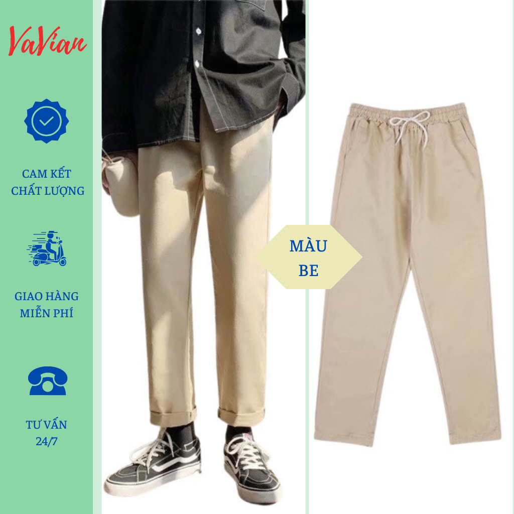 Quần baggy Unisex lưng thun co giãn, quần kaki baggy nam nữ ống suông  3 màu rêu, be, đen - Vavian Store