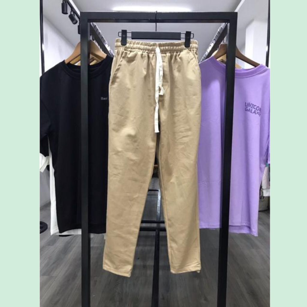 Quần baggy Unisex lưng thun co giãn, quần kaki baggy nam nữ ống suông  3 màu rêu, be, đen - Vavian Store