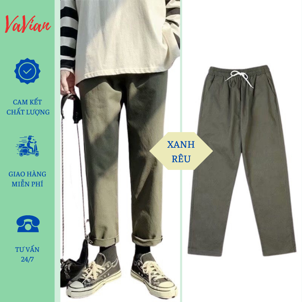 Quần baggy Unisex lưng thun co giãn, quần kaki baggy nam nữ ống suông  3 màu rêu, be, đen - Vavian Store