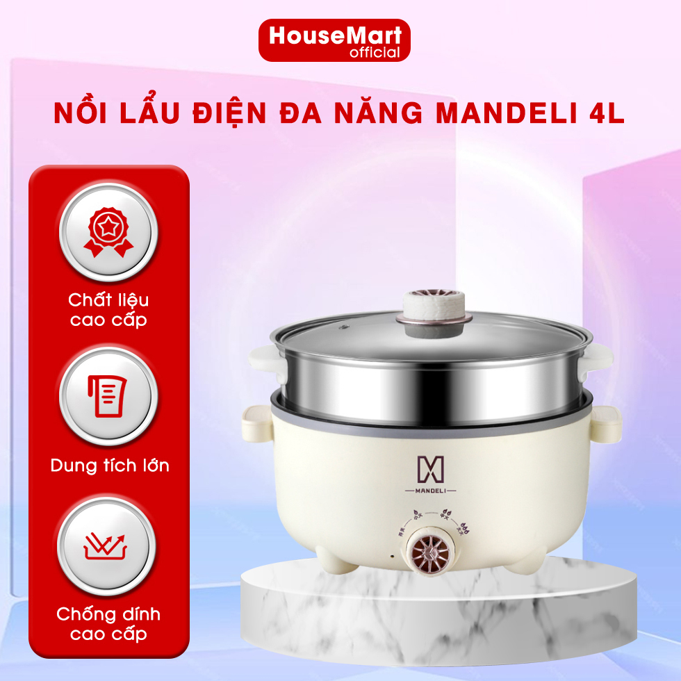 Nồi Lẩu Điện Mini Mandeli 28Cm, Nồi Điện Đa Năng Kèm Xửng Hấp Inox Dung Tch 4L, Độ Chống Dính Cao Giúp Chiên Xào Nấu Cơm