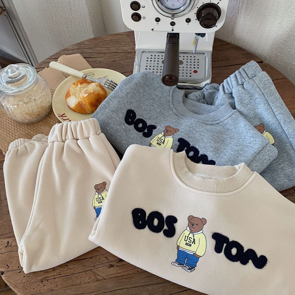 Bộ nỉ bông cho bé trai bé gái dày dặn hình in gấu bos dễ thương từ 10 đến 29kg