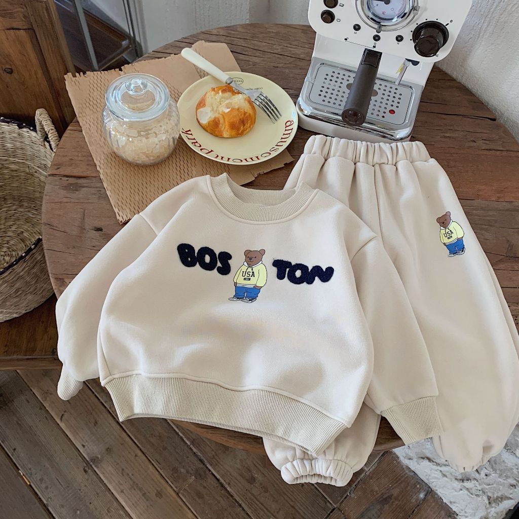 Bộ nỉ bông cho bé trai bé gái dày dặn hình in gấu bos dễ thương từ 10 đến 29kg