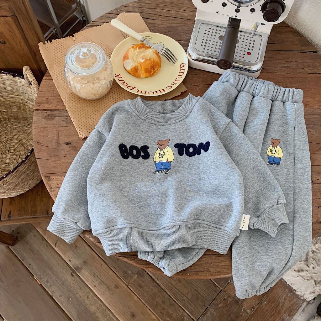 Bộ nỉ bông cho bé trai bé gái dày dặn hình in gấu bos dễ thương từ 10 đến 29kg