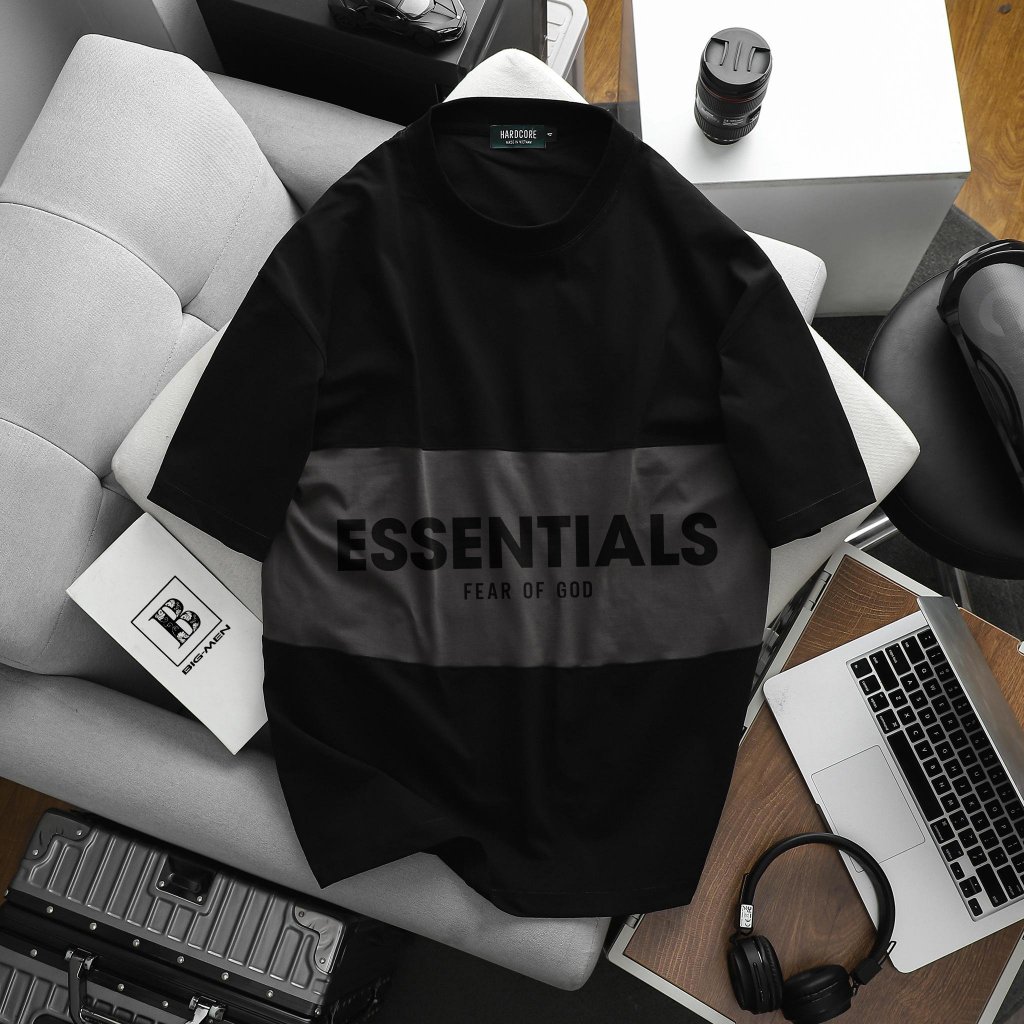 Áo thun cotton phối màu thời trang in chữ bigsize nam cỡ đại 140kg - es đen