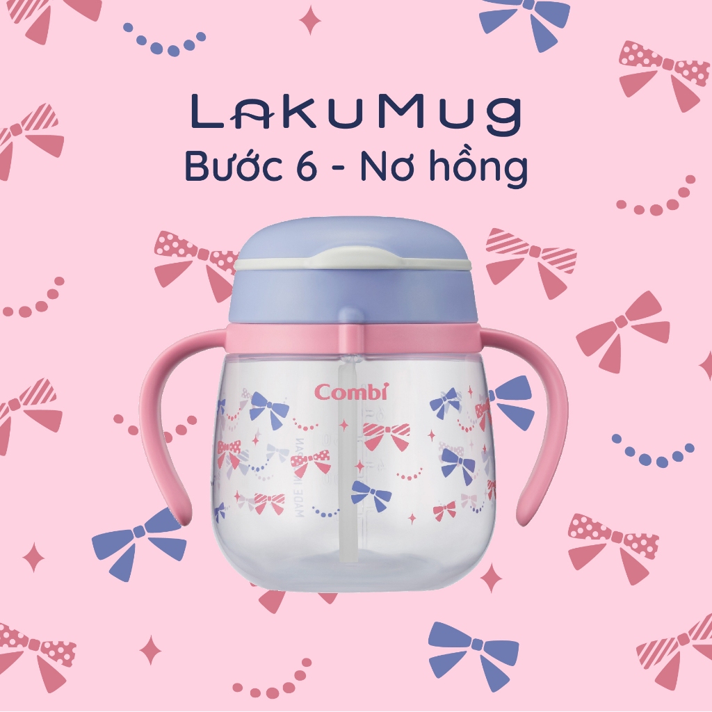 Bình nước Combi LakuMug bước 6 ( ống hút ) dung tích 240ml Nơ hồng