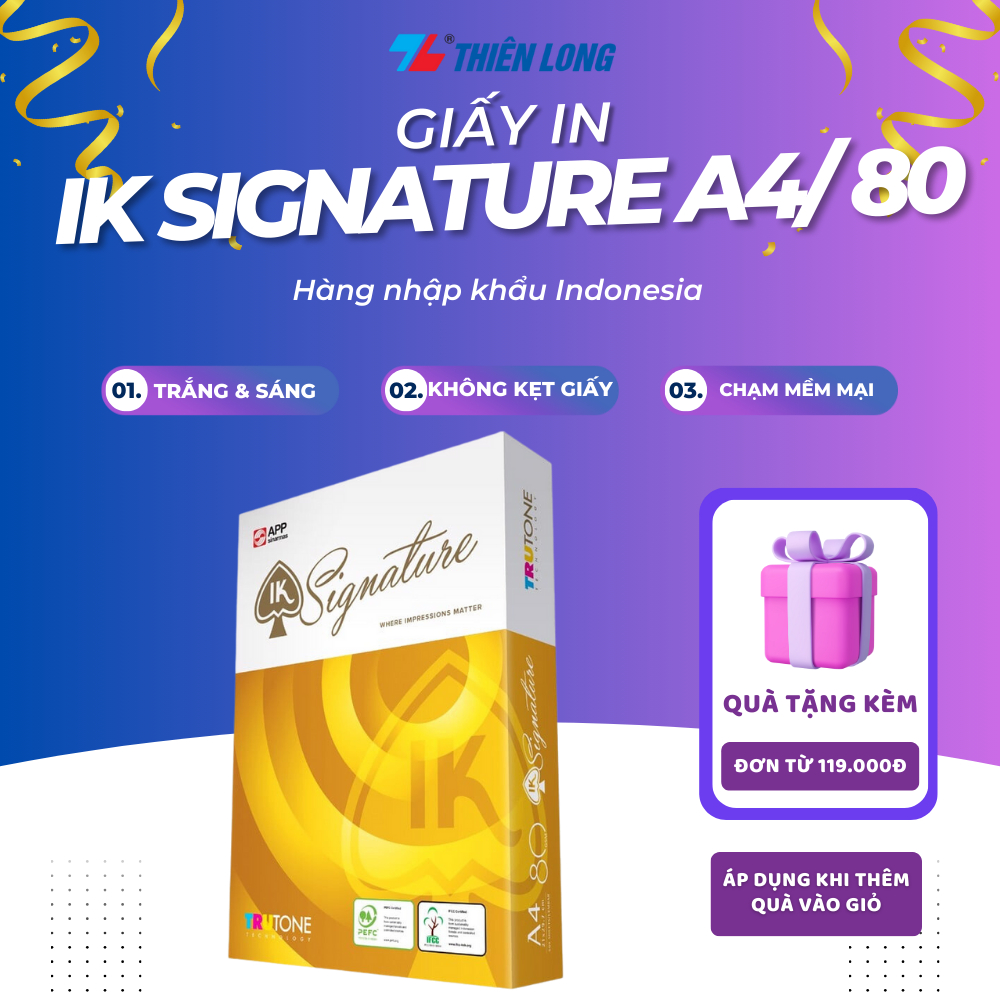 Giấy A4 cứng, giấy in A4 80gsm Thiên Long IK Signature cao cấp - Thùng giấy in A4 500 tờ đều màu không gợn, không nhoè