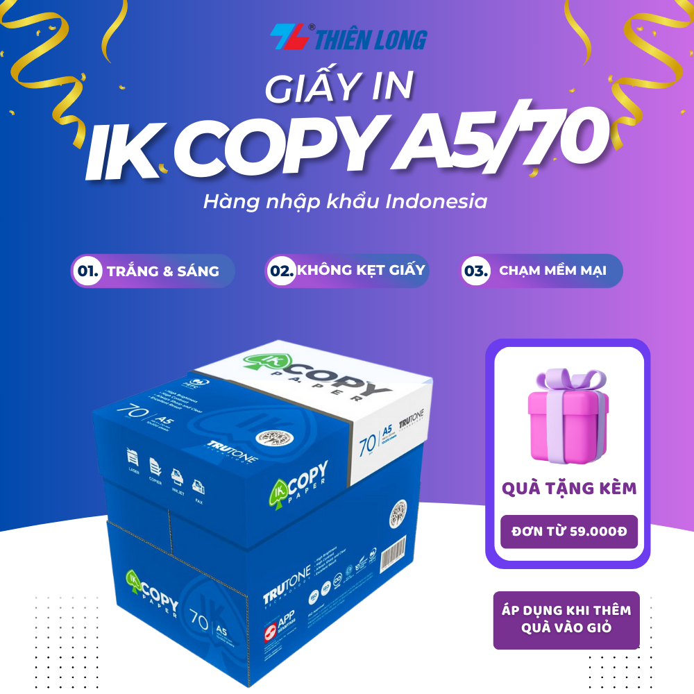 Combo 5 ream Giấy in a5, giấy photo IK Copy 70 gsm 500 tờ/Ream, đều màu không gợn sóng,độ dày cao,chữ in không lem nhòe