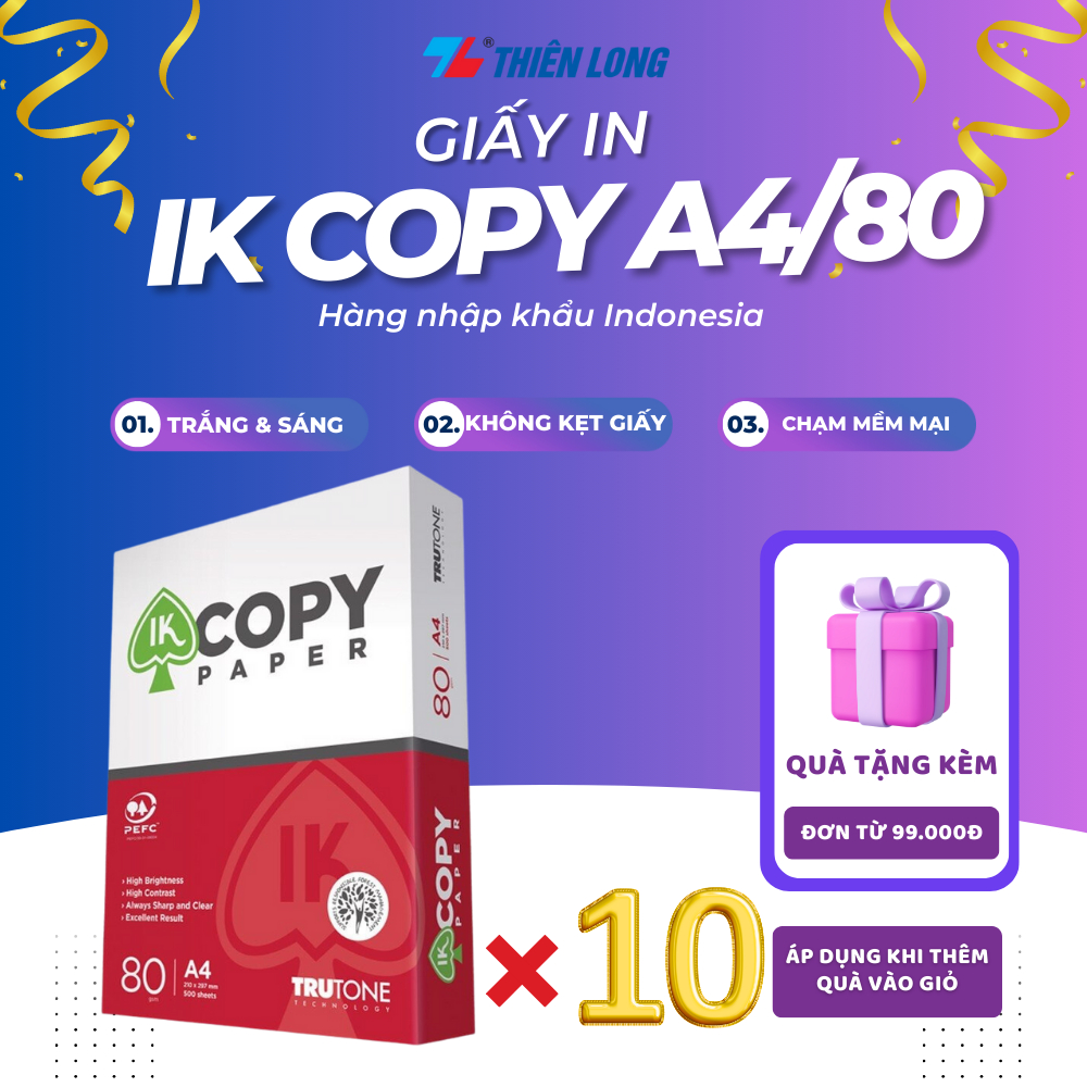Combo 10 Ream giấy A4 80 gsm IK Copy (500 tờ) - Hàng nhập khẩu Indonesia