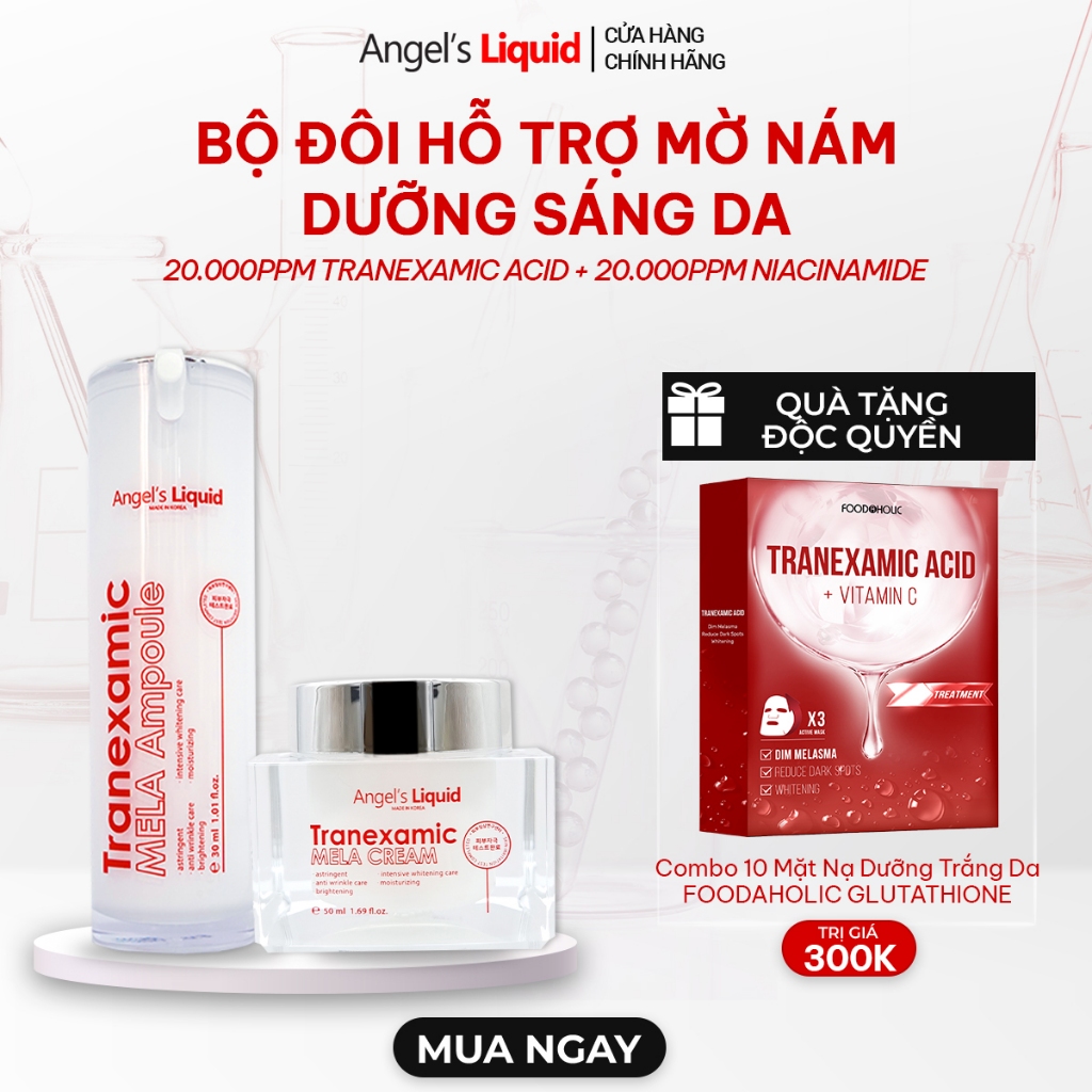 Bộ Sản Phẩm Xoá Thâm Đỏ, Mờ Sạm Nám Chuyên Sâu Angel's Liquid Tranexamic Mela Ampoule & Cream