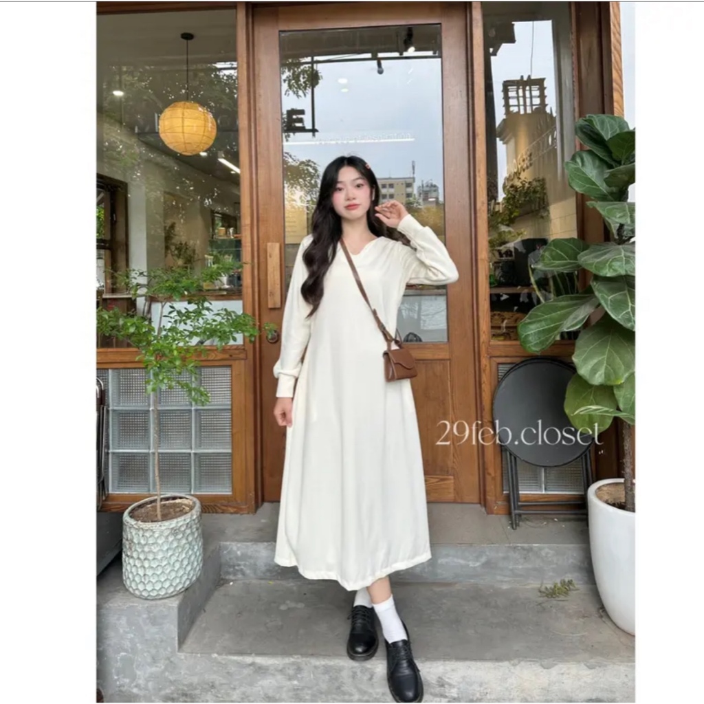 Váy dáng suông dài tay chất nỉ tăm cổ v - 247store.vn - Vay0216_P5K1