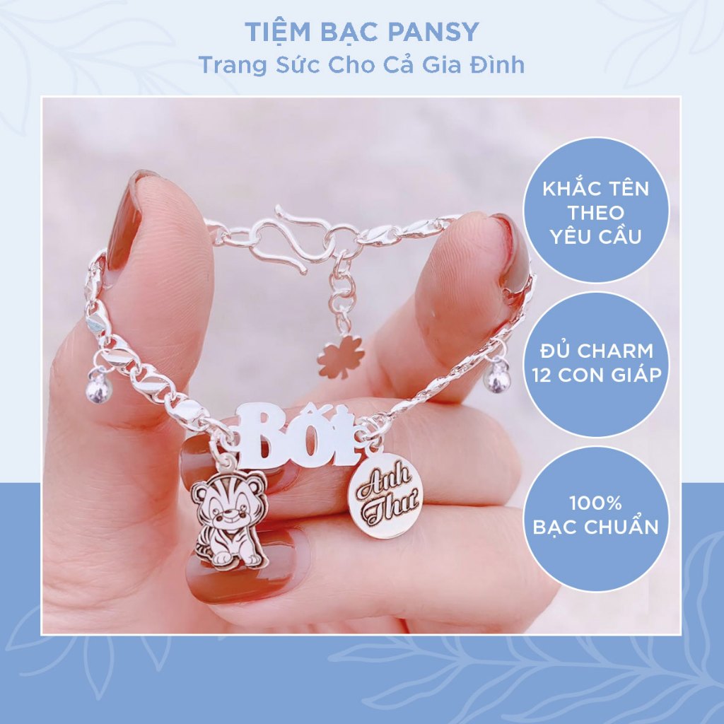 Lắc bạc ta cho bé khắc tên PANSY - Lắc bạc trẻ em dây mắt mèo phay mix chuông cao cấp