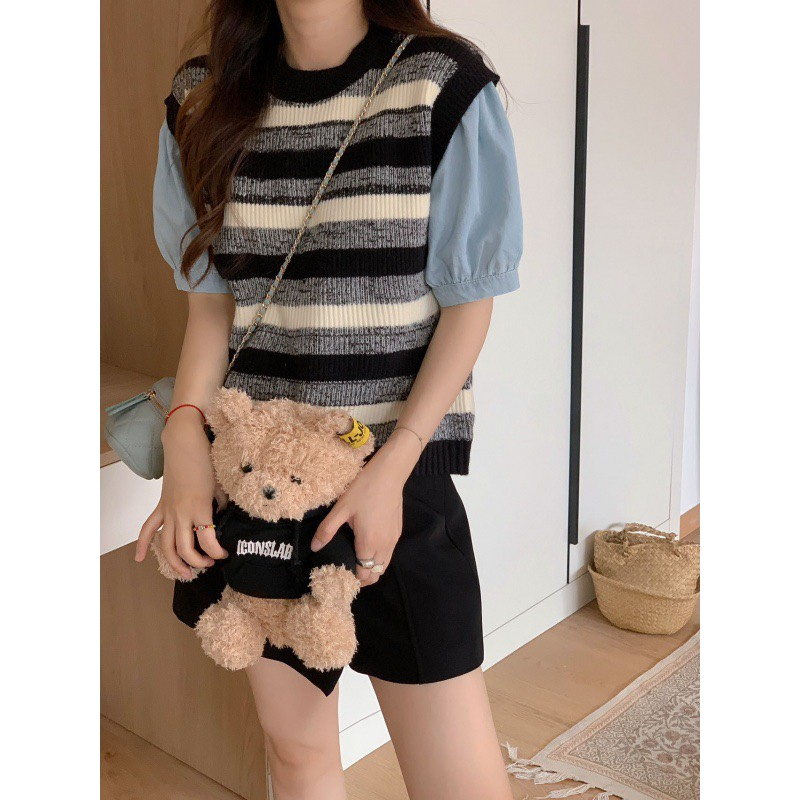 Áo gile nữ thu đông 2023 cổ tròn kẻ ngang màu xanh than, xanh bơ shop Đậu Xinh