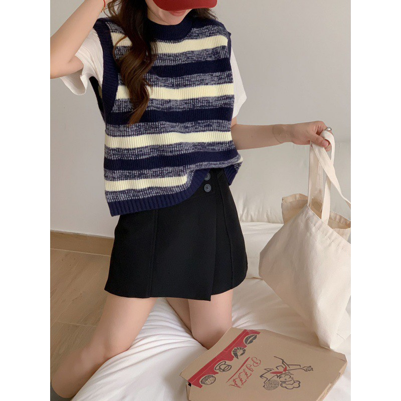 Áo gile nữ thu đông 2023 cổ tròn kẻ ngang màu xanh than, xanh bơ shop Đậu Xinh