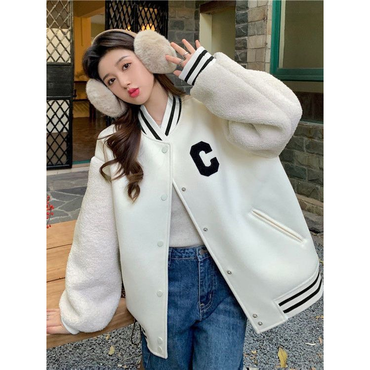 Áo khoác Bomber màu nâu phối tay trắng lông cừu, áo Varsity Unisex form rộng màu trắng - B305