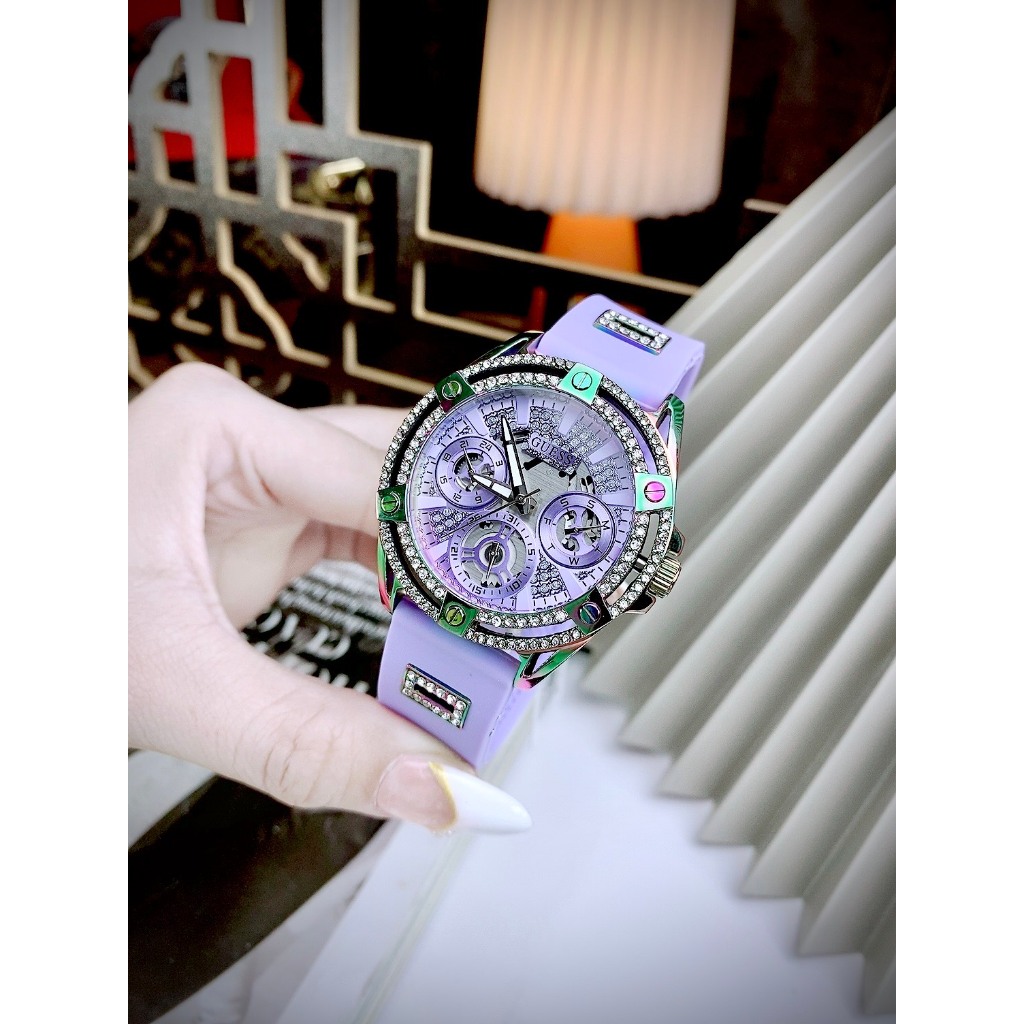 Đồng Hồ Nữ Guess QUEEN GW0536L4 Màu Tím Vỏ Đính Hạt - Dây Silicon - Size 39mm