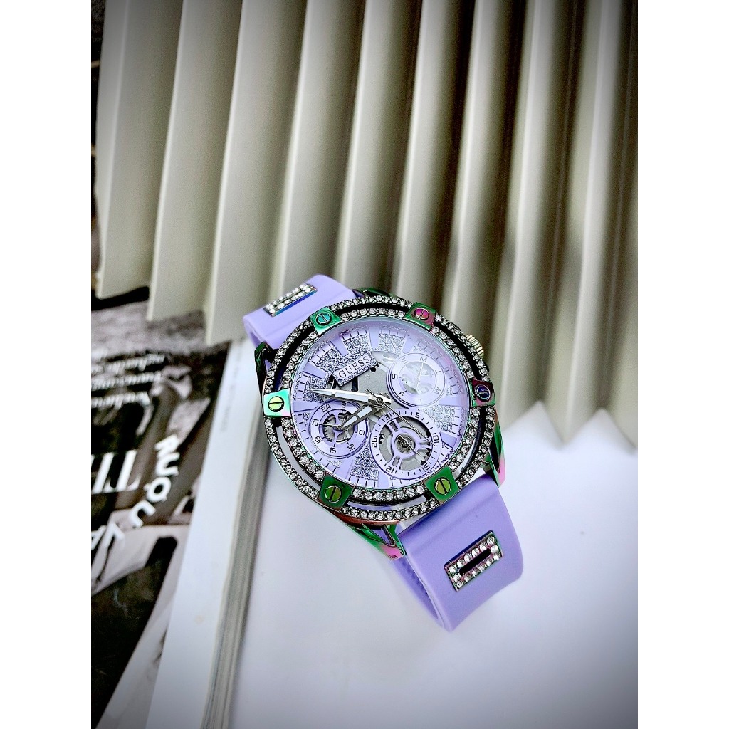 Đồng Hồ Nữ Guess QUEEN GW0536L4 Màu Tím Vỏ Đính Hạt - Dây Silicon - Size 39mm