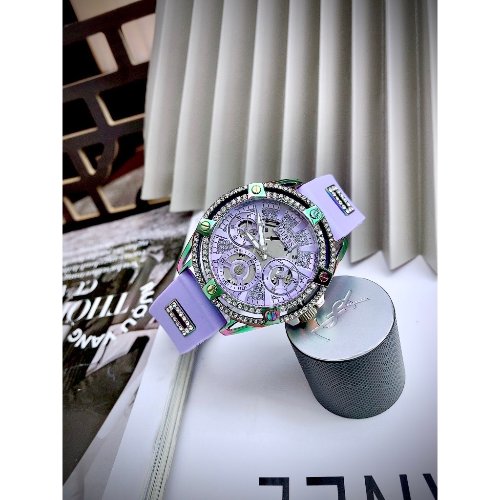 Đồng Hồ Nữ Guess QUEEN GW0536L4 Màu Tím Vỏ Đính Hạt - Dây Silicon - Size 39mm