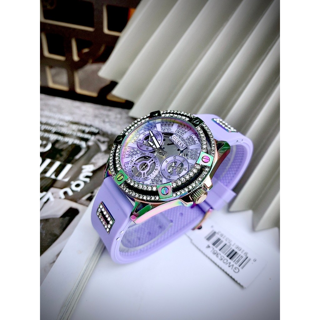 Đồng Hồ Nữ Guess QUEEN GW0536L4 Màu Tím Vỏ Đính Hạt - Dây Silicon - Size 39mm