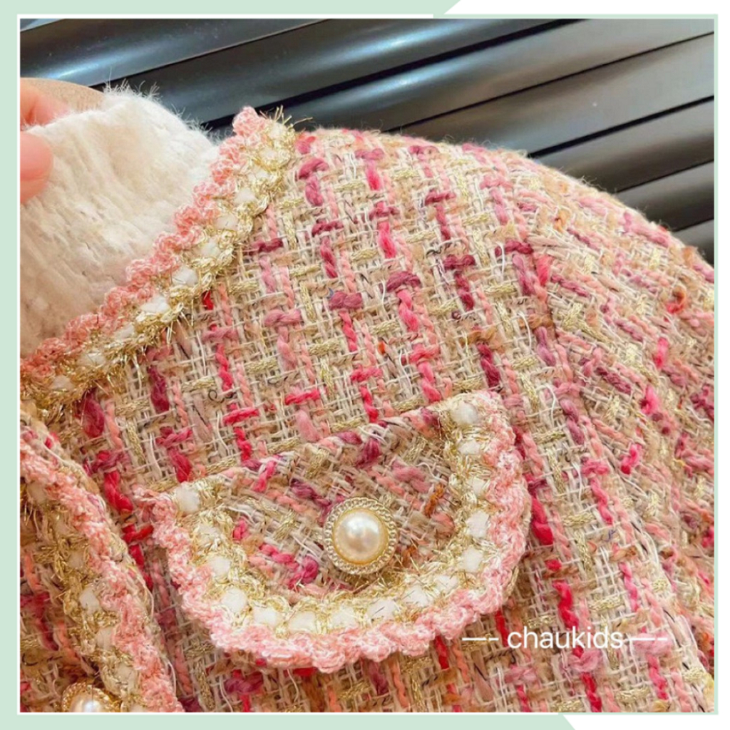 Set dạ cho bé gái, áo khoác dạ tweet hồng hai lớp kèm chân váy cho bé diện tết, noel BBG121