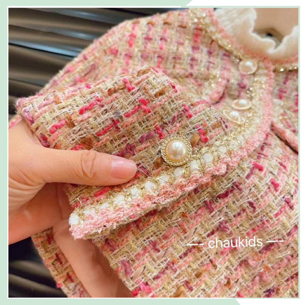 Set dạ cho bé gái, áo khoác dạ tweet hồng hai lớp kèm chân váy cho bé diện tết, noel BBG121