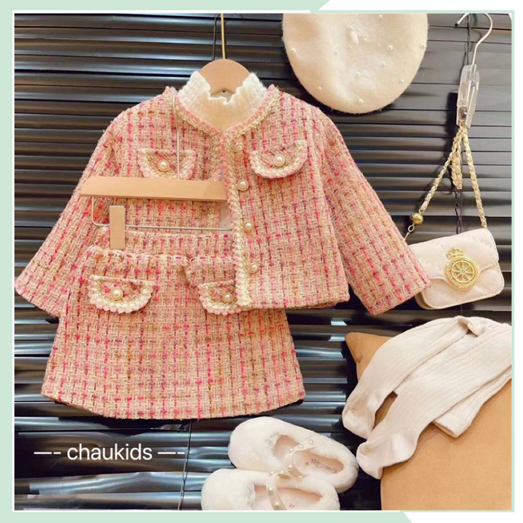 Set dạ cho bé gái, áo khoác dạ tweet hồng hai lớp kèm chân váy cho bé diện tết, noel BBG121