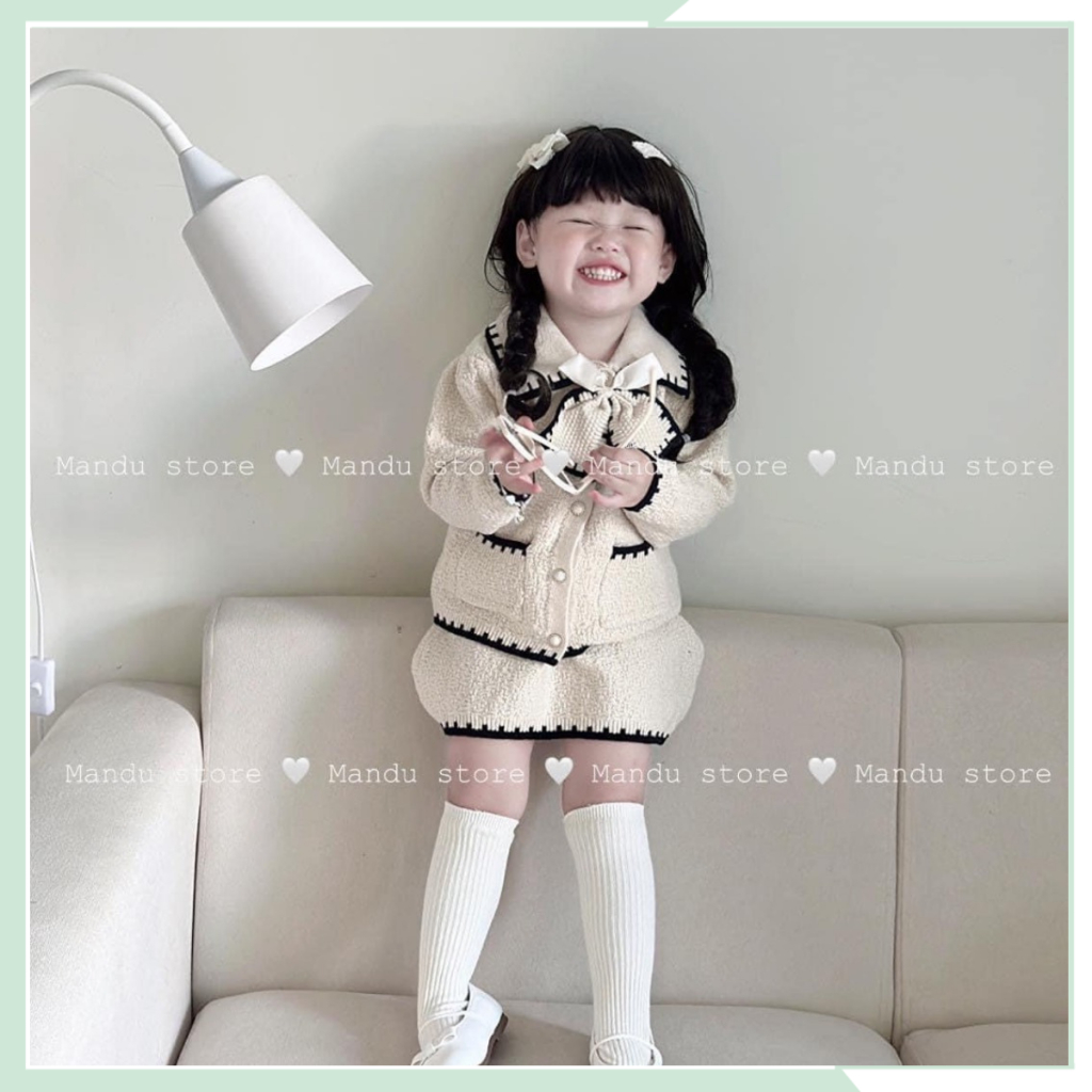 Set váy bé gái, bộ thu đông gồm áo khoác nơ chạy viền zizac kèm chân váy cho bé đi chơi BBG122