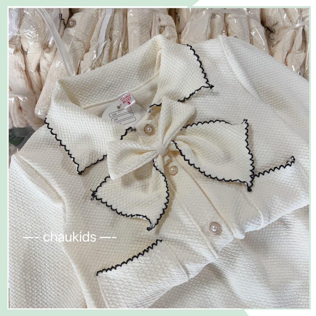 Set váy bé gái, bộ thu đông gồm áo khoác nơ chạy viền zizac kèm chân váy cho bé đi chơi BBG122