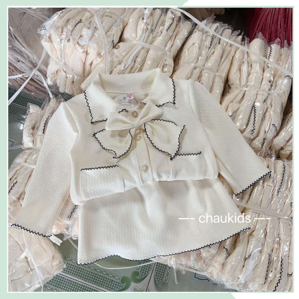 Set váy bé gái, bộ thu đông gồm áo khoác nơ chạy viền zizac kèm chân váy cho bé đi chơi BBG122