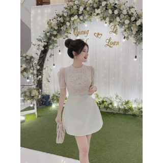 Đầm dự tiệc cổ tròn tay bồng đính đá Amy Dress