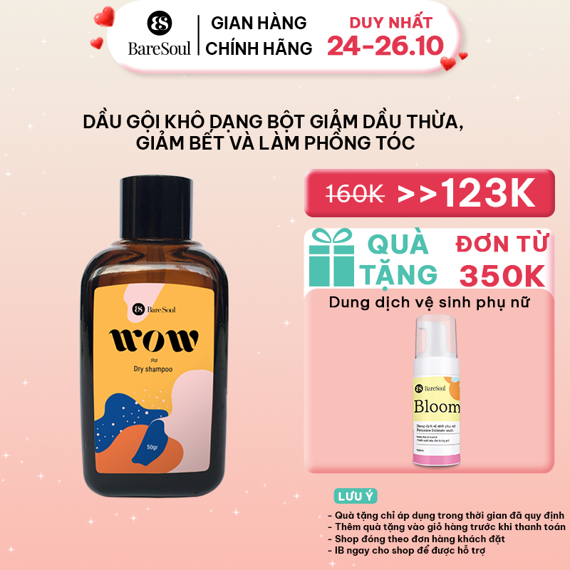 Dầu gội khô dạng bột thiên nhiên giảm dầu thừa, giảm bết và làm phồng tóc BareSoul WOW Dry Shampoo 50g