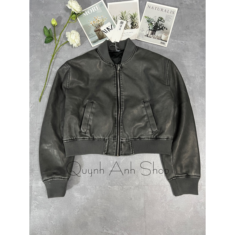 Áo khoác da bomber dáng ngắn Zara xuất A246