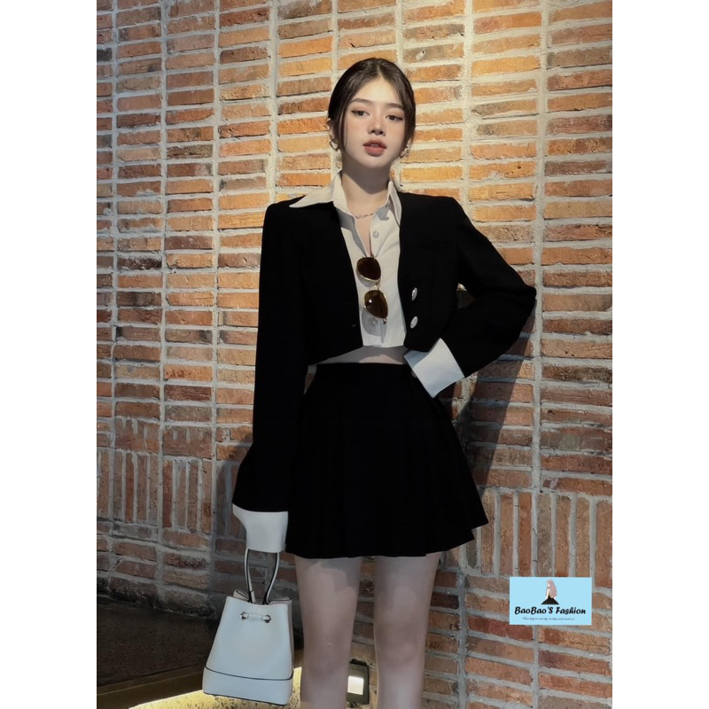 Set đen áo vest 2 lớp mix chân váy