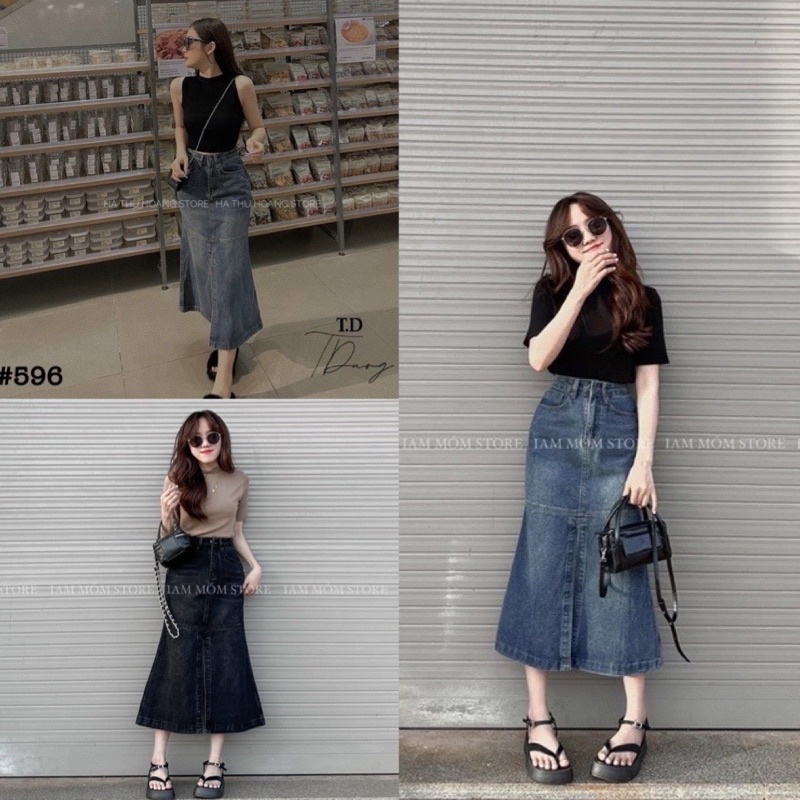 Chân Váy nữ Denim Đuôi Cá Lưng Cao chất jean kaki bò xẻ trước chữ a ulzzang hàn quốc midi xẻ tà