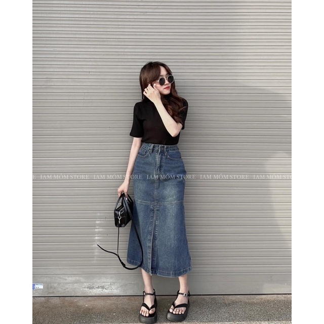 Chân Váy nữ Denim Đuôi Cá Lưng Cao chất jean kaki bò xẻ trước chữ a ulzzang hàn quốc midi xẻ tà