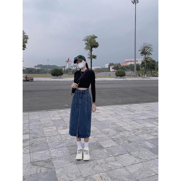 Chân váy jean xẻ tà nữ túi trước chất bò denim kaki cạp cao ống rộng suông chữ a Retro Thời Trang y2k ulzzang CV8 L66