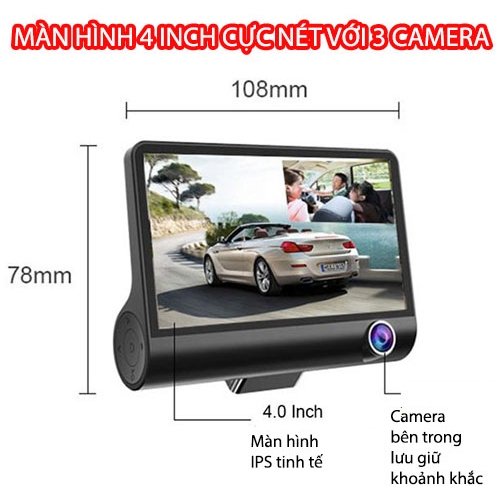Camera hành trình BM31 giá rẻ, camera hành trình ô tô 3 mắt, ghi hình phía trước, sau, trong xe, phù hợp với mọi dòng xe